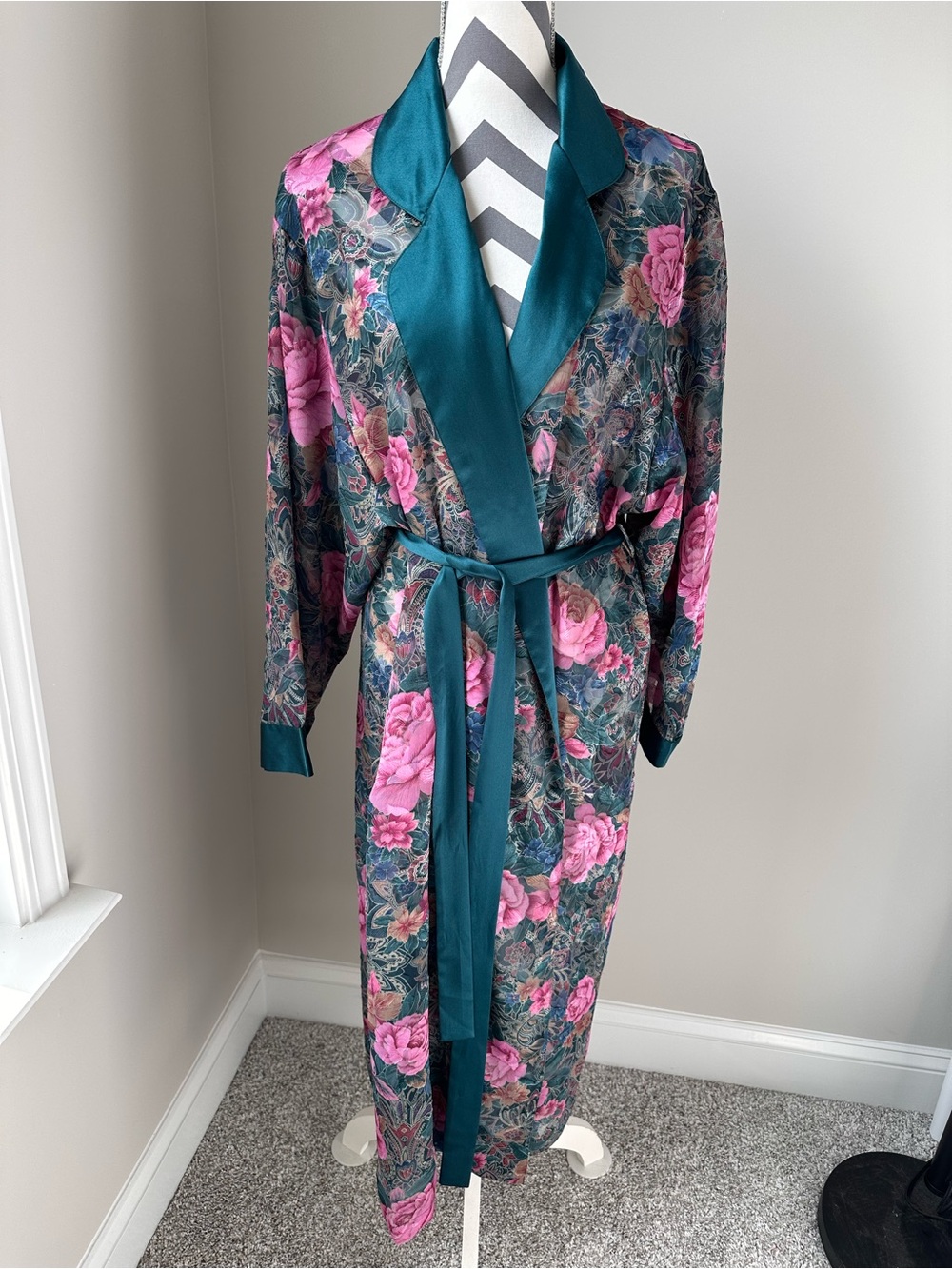 Vintage 1990s Victoria Secret Gold Label Long Robe Medium Sheer Rose Pink Green